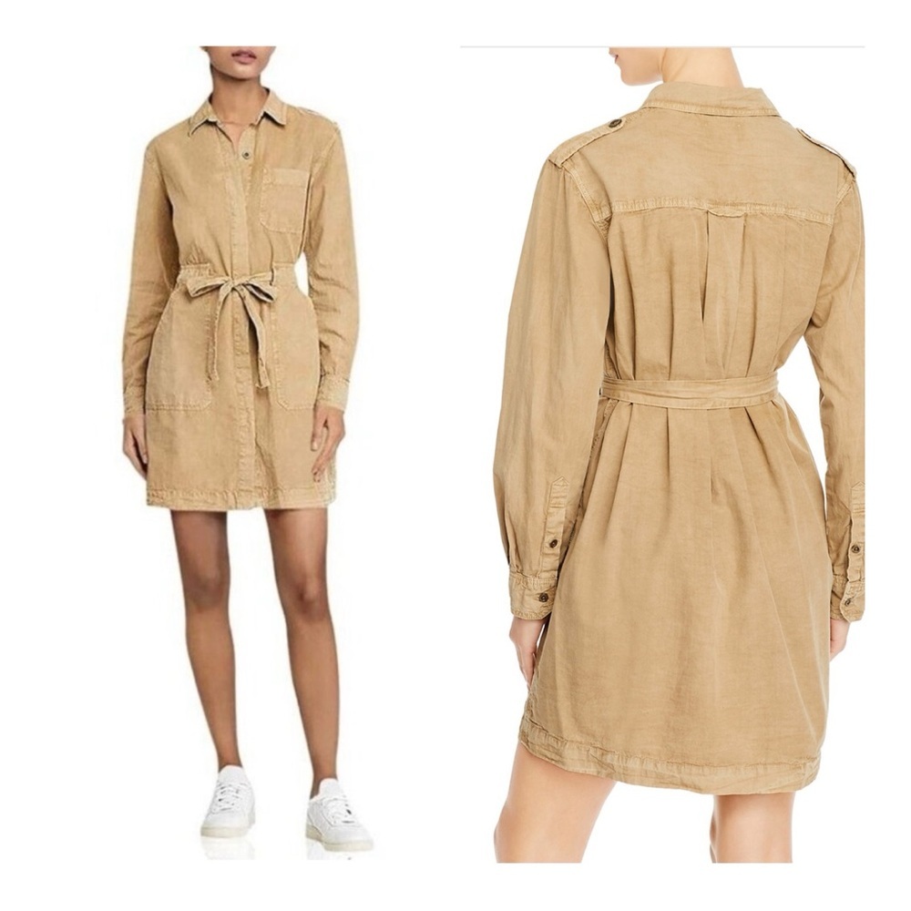 AG Adriano Goldschmied Tan Justine Belted Military Shirt Dress